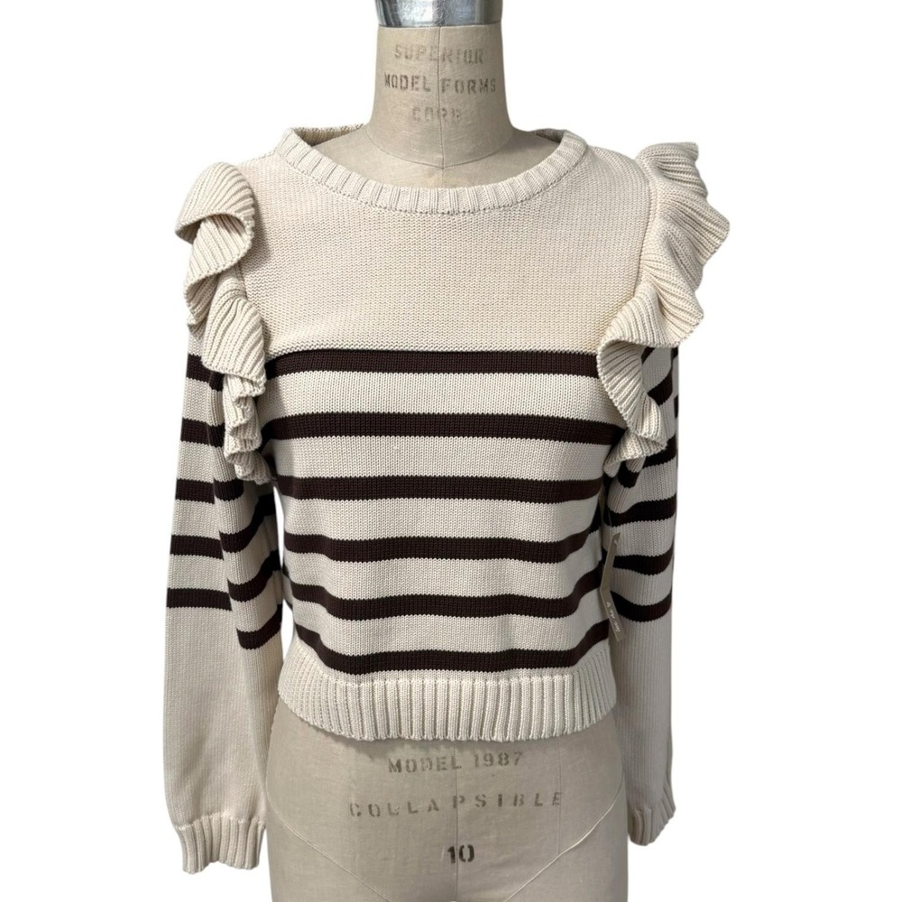 NEW Cleobella Sweater Womens M Organic Cotton cream Brown Striped Ruffle Knit